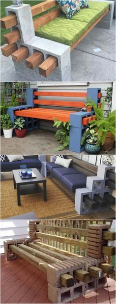 several different types of outdoor furniture made out of pallets and wood planks are shown in this collage