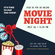 a movie night flyer with popcorn and soda