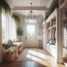 the sun shines through the windows in this white room with wood flooring and built - in shelving