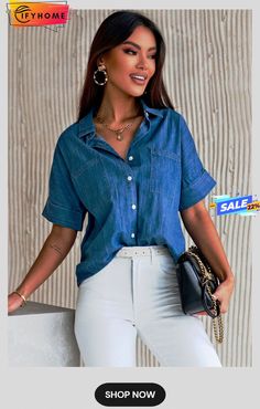 Blue Turn-down Collar Short Sleeve Denim Shirt Light Blue Denim Top With Button Closure, Trendy Short Sleeve Blue Denim Top, Denim Blue Button-up Top, Denim Short Sleeve Top With Pockets, Denim Tops With Pockets And Short Sleeves, Denim Top With Pockets And Short Sleeves, Short Sleeve Dark Wash Denim Top, Dark Wash Short Sleeve Denim Top, Denim Blue Chambray Top With Button Closure