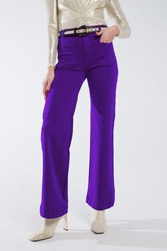 Q2 Purple flair jeans with large front pockets Wardrobe Stand, Flair Jeans, Purple Pants, Stylish Jeans, Medium Purple, Work Looks, Bold Fashion, Easy Wear, Playsuit Jumpsuit