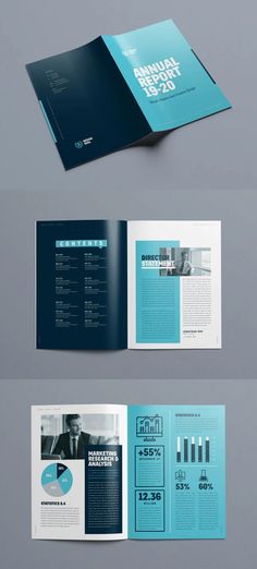 an open brochure is shown on top of a gray surface with blue accents