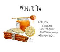 the ingredients to make winter tea are shown in watercolor and ink on white paper