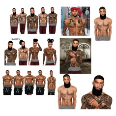 multiple pictures of men with different tattoos and beards on their chestes, from the front to the back