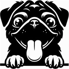 a black and white drawing of a pug dog with its tongue hanging over a sign