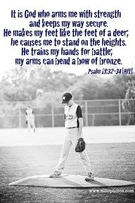 a baseball player standing on top of a base with a quote above it that reads, it is god who arms me hit strength and keeps my way secure he makes my feet