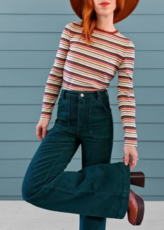 Artsy Style Outfits, Corduroy Flares, 70s Inspired Fashion, Wardrobe Planning, Striped Long Sleeve Tee, 70s Inspired, Inspired Fashion, Looks Vintage, Striped Long Sleeve