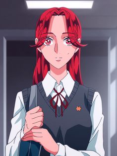 an anime character with red hair wearing a school uniform and holding her hand on her chest