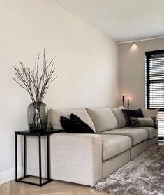 a living room filled with furniture and a vase on top of a table in front of a window