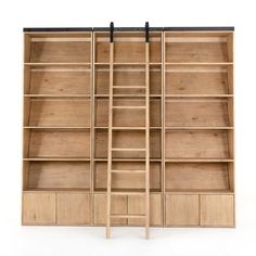 an open bookcase with drawers and shelves on each side, against a white background