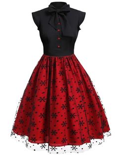 [Pre-Sale] Red & Black 1950s Christmas Tie Bow Mesh Dress – Retro Stage - Chic Vintage Dresses and Accessories Vintage Dresses 50s Classy, Vestido Aesthetic, 1950 Dress, Retro Stage, Chique Outfit, Floral Embroidery Dress, 1950s Dresses, 1950s Christmas, Christmas Ties