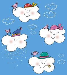 three cartoon clouds with hats and birds flying in the sky, one wearing a hat