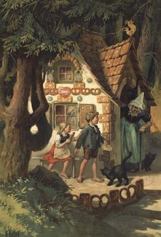 a painting of children playing in front of a ginger house with cats and dogs around it