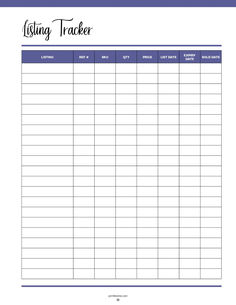 Printable listing tracker template with columns for listing name, reference number, SKU, quantity, price, list date, expiry date, and sold date for inventory management. Small Business Inventory Tracker, Free Business Printables, Inventory Management Templates, Inventory Printable, List Date, Inventory List, Tracker Free, Business Printables, Inventory Management