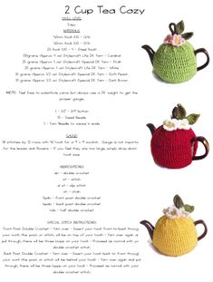 three crocheted teapots with flowers and leaves on them, one is red, the other is green