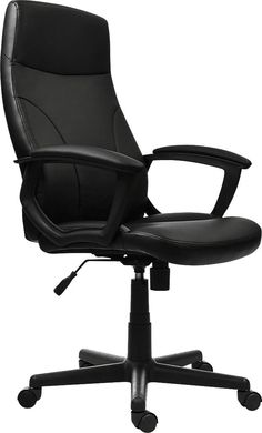 an office chair with black leather upholstered seat and arm rest, viewed from the front