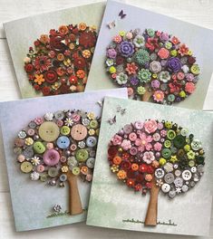 three cards with buttons in the shape of trees