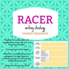 the cover of racer writing strategy graphic organizer, with instructions for students to use it