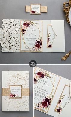 the wedding stationery is made with gold foil and burgundy flowers, along with matching envelopes