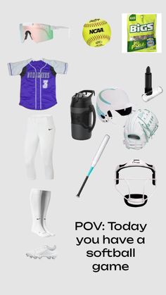 an image of some sports items on a white background with text that reads pov today you have a softball game