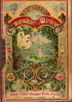 an old book cover with animals and flowers on it's front page, in red