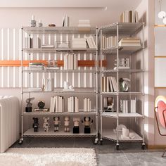 a living room filled with furniture and bookshelves next to a white rug on top of a hard wood floor