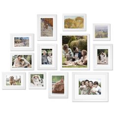 a collage of pictures with people and their dogs in white frames on the wall