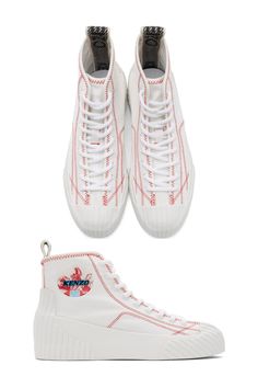 Kenzo White Volkano High-Top Sneakers. High-top canvas sneakers in white. Round rubber cap toe. Tonal lace-up closure. Transparent rubberized logo appliqué at outer side. Integrated logo webbing pull-loop in black and white at heel collar. High Top, High Top Sneakers