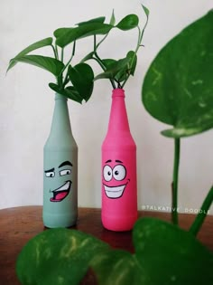 two bottles with faces painted on them are sitting next to a potted plant and another one has a face drawn on it