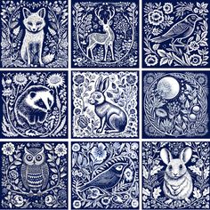 six blue and white tile designs with animals, birds, flowers and plants on them