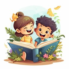 two children are reading a book together