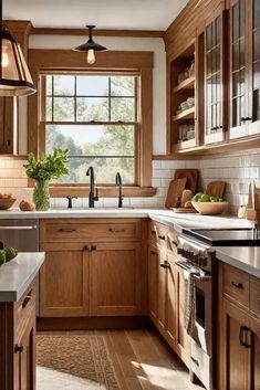 Wood Cabinets And Countertops, All Natural Wood Kitchen Cabinets, Wood Cabinets Countertop Ideas, Shaker Wood Cabinets Kitchen, Natural Wooden Cabinets Kitchen, Wood Floors And Wood Cabinets In Kitchen, Natural Wood Shaker Cabinets, English Home Kitchen, Allen And Roth Innsbrook Cabinets