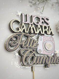 there is a cake topper that says hugs, camera, and fun couple on it