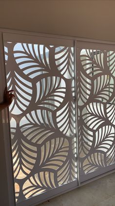 an open sliding glass door with intricate designs on it's sides and side panels