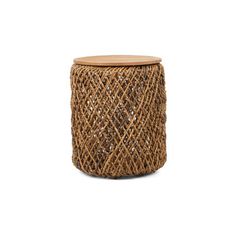 a round wicker basket with a wooden lid on a white background, it's made out of woven material