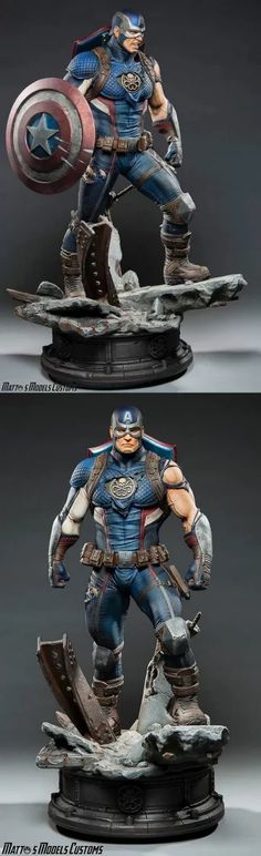 two photos of captain america statues on display