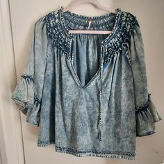 Free People, Denim Shirt, Size L, New Without Tags, Never Worn Bohemian Denim Blue Top For Summer, Summer Bohemian Denim Top, Indigo Cotton Top For Spring, Bohemian Cotton Tops In Medium Wash, Bohemian Long Sleeve Denim Top For Summer, Medium Wash Cotton Summer Blouse, Summer Denim Blouse In Medium Wash, Summer Denim Blue Cotton Blouse, Summer Medium Wash Denim Blouse