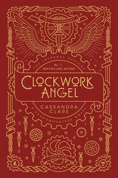 the cover to clockwork angel, with gold lettering on red paper and an ornate design