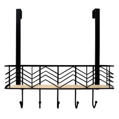 a metal shelf with hooks and two umbrellas on it