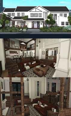 two different views of a large house with lots of windows and furniture in the living room