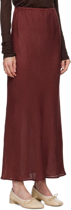 Bias-cut sheer plain-woven linen skirt. · OEKO-TEX®- certified · Breathable · Elasticized waistband Supplier color: Stome Burgundy Linen Skirt, Long Skirt, Apparel Accessories, Maxi Skirt, Womens Bottoms, Skirt, Outfit Accessories, Clothes, Color