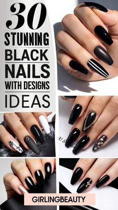 Classy Black Nails, Black Nail Tips, Black Chrome Nails, Concert Nails, Black Gel Nails, Artistic Patterns, Chic Manicure, Black Nails With Glitter, Black Stiletto Nails