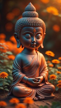 a buddha statue sitting in the middle of some yellow and orange flowers with bright sunlight shining on it