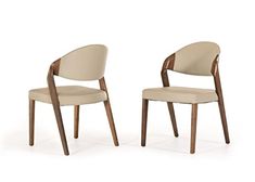 two chairs with wooden legs and beige upholstered seat