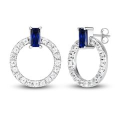 These chic and sophisticated door knocker earrings showcase a loop of dazzling white lab-created sapphires that drops from a glamorous baguette-cut blue lab-created sapphire. The earrings are styled in sterling silver and secure at the post with friction backs. Door Knocker Earrings, White Lab, Kay Jewelers, Door Knocker, Silver Prices, Door Knockers, Sapphire Stone, White Earrings, Accessories Jewelry Earrings