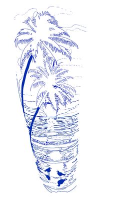 a blue and white drawing of a palm tree