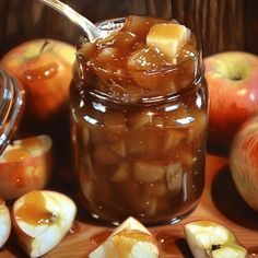 an apple jam in a glass jar surrounded by apples and sliced apples on a cutting board