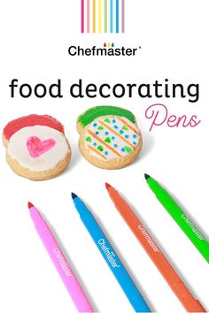 an advertisement for food decorating pens, with colorful crayons and cookies in the background