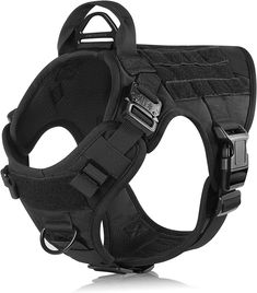 a black dog harness with buckles on it's chest and collar, attached to the