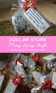 dollar store may day gift box filled with flowers and candy wrappers for mother's day